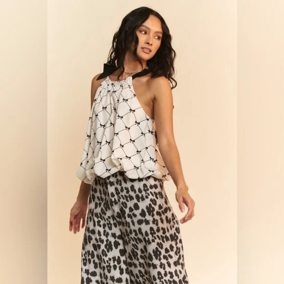 Davi & Dani Ribbon Checker Printed Tie Halter Neck Blouse Top🆕 - Picture 7 of 8